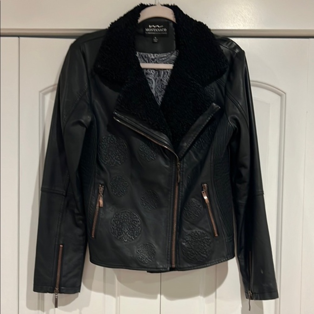 Montanaco Black Women's medium faux‎ leather Jacket with embossed design